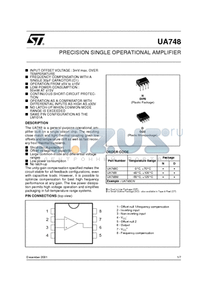 UA748 datasheet - PRECISION SINGLE OPERATIONAL AMPLIFIER
