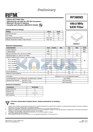 RF3609D datasheet - 449.0 MHz SAW Filter