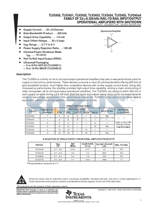 TLV2450AID datasheet - FAMLY OF 23-A 220-KHZ RAIL-TO-RAIL INPUT/OUTPUT OPERATIONAL AMPLIFIERS WITH SHUTDOWN