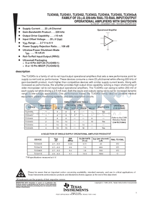 TLV2450 datasheet - FAMLY OF 23-A 220-KHZ RAIL-TO-RAIL INPUT/OUTPUT OPERATIONAL AMPLIFIERS WITH SHUTDOWN
