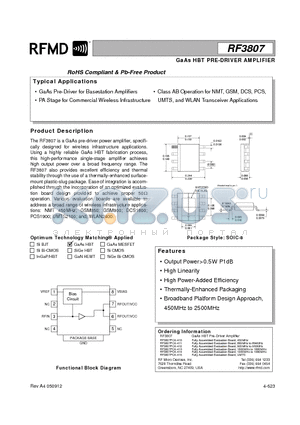 RF3807PCK-412 datasheet - GaAs HBT PRE-DRIVER AMPLIFIER