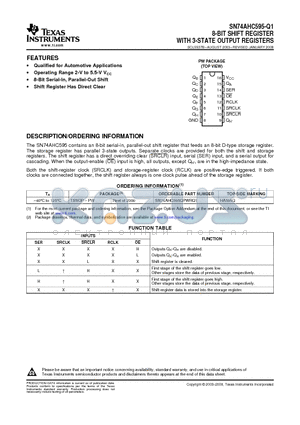 SN74AHC595QPWRQ1 datasheet - 8-BIT SHIFT REGISTER WITH 3-STATE OUTPUT REGISTERS