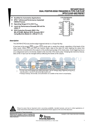 SN74AHC74Q-Q1 datasheet - DUAL POSITIVE-EDGE-TRIGGERED D-TYPE FLIP-FLOP WITH CLEAR AND PRESET