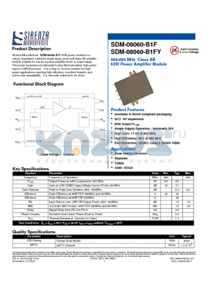 SDM-08060-B1FY datasheet - 869-894 MHz Class AB 65W Power Amplifier Module