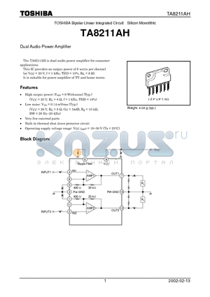TA8211AH datasheet - DUAL AUDIO POWER AMPLIFIER