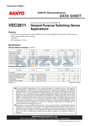 VEC2611 datasheet - N-Channel and P-Channel Silicon MOSFETs General-Purpose Switching Device