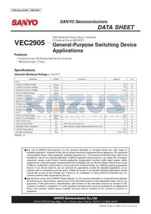 VEC2905 datasheet - PNP Epitaxial Planar Silicon Transistor P-Channel Silicon MOSFET General-Purpose Switching Device Applications