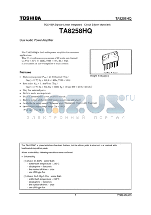 TA8258HQ datasheet - Dual Audio Power Amplifier