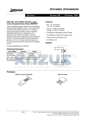 RF3V49092 datasheet - 20A/10A, 12V, 0.060/0.140 Ohm, Logic Level, Complementary Power MOSFET