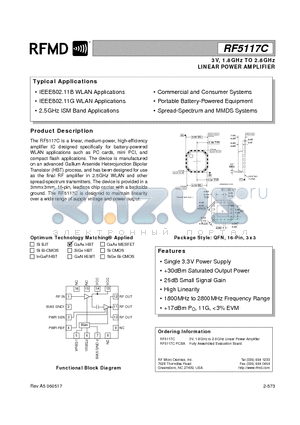 RF5117C datasheet - 3V, 1.8GHz TO 2.8GHz LINEAR POWER AMPLIFIER