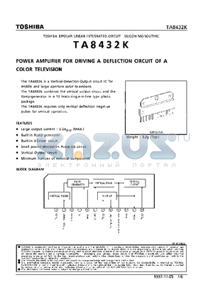 TA8432K datasheet - POWER AMPLIFIER FOR DRIVING A DEFLECTION CIRCUIT OF A COLOR TELEVISION