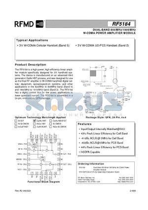 RF5184 datasheet - DUAL-BAND 800MHz/1900MHz W-CDMA POWER AMPLIFIER MODULE