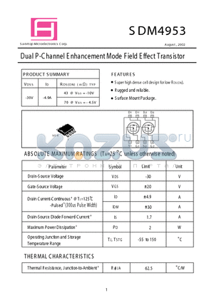 SDM4953 datasheet - Dual P -Channel E nhancement Mode F ield E ffect Transistor