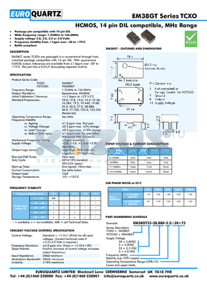VEM38GT3-38.880-2.5-30 datasheet - HCMOS, 14 pin DIL compatible, MHz Range