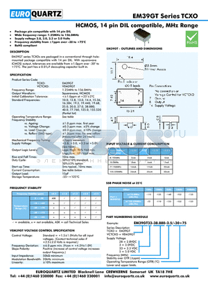 VEM39GT33-38.880-2.5-30 datasheet - HCMOS, 14 pin DIL compatible, MHz Range