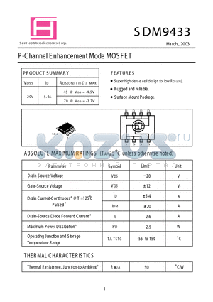SDM9433 datasheet - P -Channel E nhancement Mode MOSFET