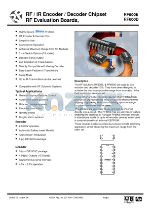RF600D datasheet - The RF Solutions RF600E, & RF600D are easy to use encoder and decoder I/Cs.