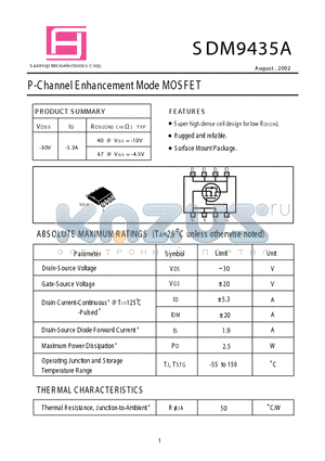 SDM9435A datasheet - P -Channel E nhancement Mode MOS FET