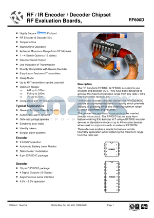 RF600E datasheet - RF / IR Encoder / Decoder Chipset RF Evaluation Boards