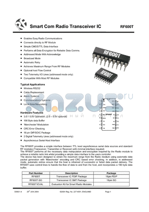 RF600T datasheet - Smart Com Radio Transceiver IC