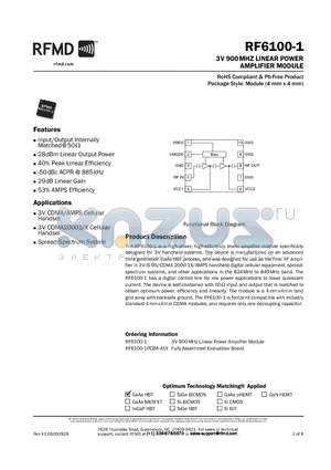RF6100-1PCBA-41X datasheet - 3V 900MHZ LINEAR POWER AMPLIFIER MODULE