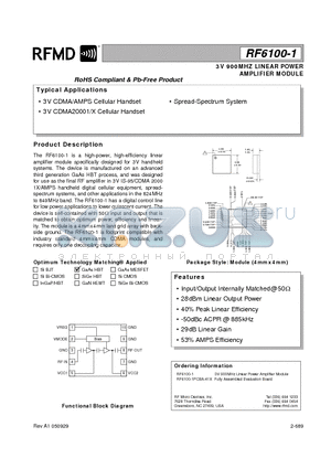 RF6100-1_06 datasheet - 3V 900MHZ LINEAR POWER AMPLIFIER MODULE