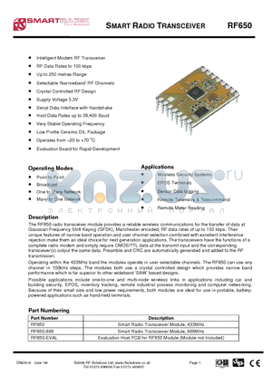 RF650 datasheet - SMART RADIO TRANSCEIVER
