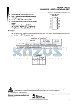 SN74AHCT08Q-Q1 datasheet - QUADRUPLE 2-INPUT POSITIVE-NAND GATES