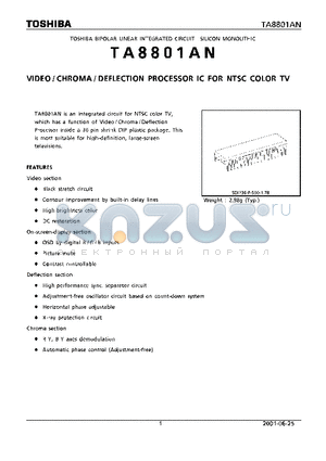 TA8801AN datasheet - VIDEO/CHROMA/DEFLECTION PROCESSOR IC FOR NTSC COLOR TV