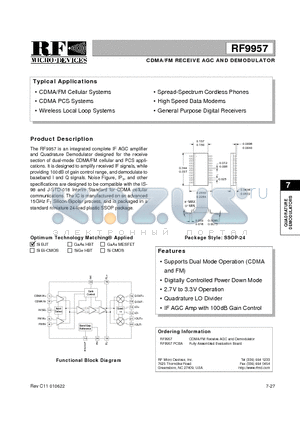 RF9957 datasheet - CDMA/FM RECEIVE AGC AND DEMODULATOR