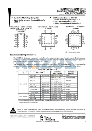 SN74AHCT125 datasheet - QUADRUPLE BUS BUFFER GATES WITH 3-STATE OUTPUTS