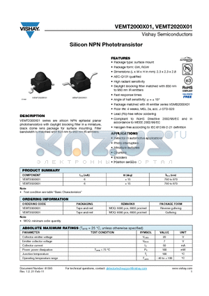 VEMT2020X01 datasheet - Silicon NPN Phototransistor