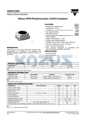 VEMT3700F-GS18 datasheet - Silicon NPN Phototransistor, RoHS Compliant