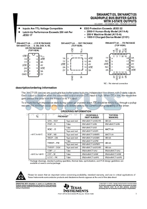 SN74AHCT125DE4 datasheet - QUADRUPLE BUS BUFFER GATES WITH 3-STATE OUTPUTS