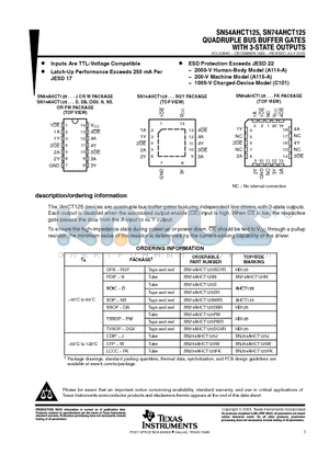 SN74AHCT125D datasheet - QUADRUPLE BUS BUFFER GATES WITH 3-STATE OUTPUTS