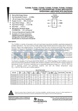 TLV2460AIDRG4 datasheet - FAMILY OF LOW-POWER RAIL-TO-RAIL INPUT/OUTPUT OPERATIONAL AMPLIFIERS WITH SHUTDOWN