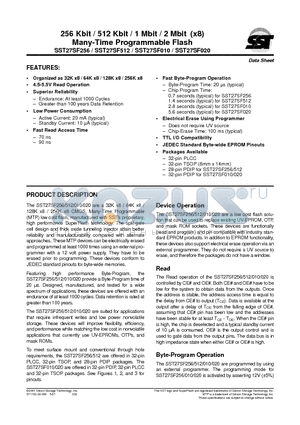 SST27SF020-70-3C-NH datasheet - 256 Kbit / 512 Kbit / 1 Mbit / 2 Mbit (x8) Many-Time Programmable Flash