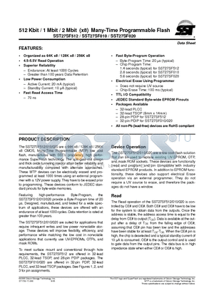 SST27SF020-70-3C-NH datasheet - 512 Kbit / 1 Mbit / 2 Mbit (x8) Many-Time Programmable Flash