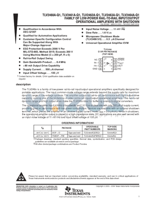 TLV2460AQPWRQ1 datasheet - FAMILY OF LOW POWER RAIL TO RAIL INPUT/OUTPUT OPERATIONAL AMPLIFIERS WITH SHUTDOWN