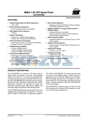 SST25WF080-75-4I-ZAE datasheet - 8Mbit 1.8V SPI Serial Flash