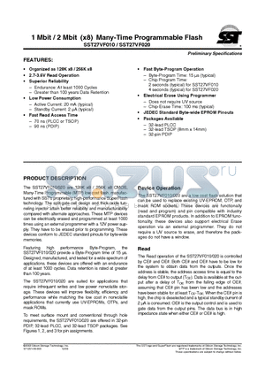 SST27VF010-70-3C-NHE datasheet - 1 Mbit / 2 Mbit (x8) Many-Time Programmable Flash