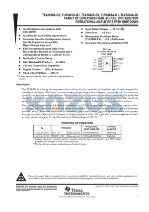 TLV2460QDRQ1 datasheet - FAMILY OF LOW POWER RAIL TO RAIL INPUT/OUTPUT OPERATIONAL AMPLIFIERS WITH SHUTDOWN