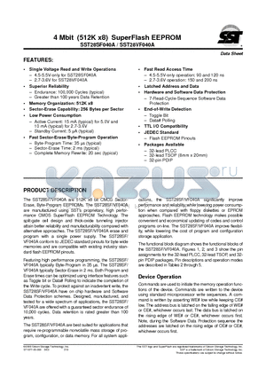 SST28SF040A-120-4I-EH datasheet - 4 Mbit (512K x8) SuperFlash EEPROM