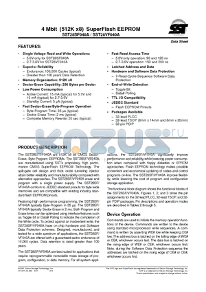 SST28SF040A-90-4I-PH datasheet - 4 Mbit (512K x8) SuperFlash EEPROM