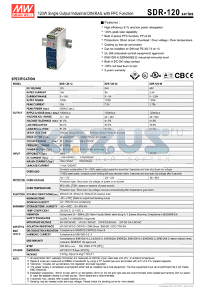 SDR-120-12 datasheet - 120W Single Output Industrial DIN RAIL with PFC Function