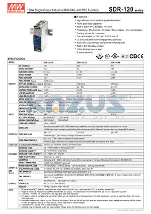 SDR-120-24 datasheet - 120W Single Output Industrial DIN RAIL with PFC Function