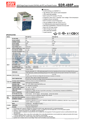 SDR-480P-48 datasheet - 480W Single Output Industrial DIN RAIL with PFC and Parallel Function