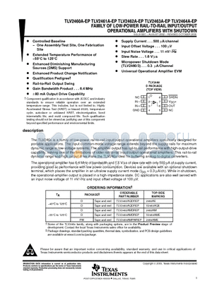 TLV2462A-EP datasheet - FAMILY OF LOW-POWER RAIL-TO-RAIL INPUT/OUTPUT OPERATIONAL AMPPLIFIERS WITH SHUTDOWN