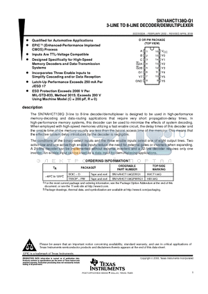 SN74AHCT138Q-Q1 datasheet - 3-LINE TO 8-LINE DECODER/DEMULTIPLEXER