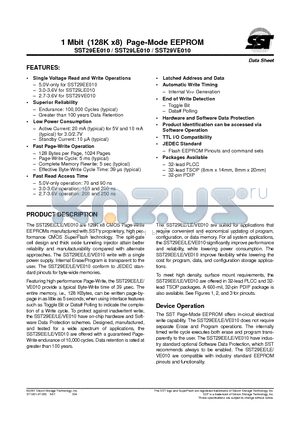 SST29EE010-150-4C-PH datasheet - 1 Mbit (128K x8) Page-Mode EEPROM